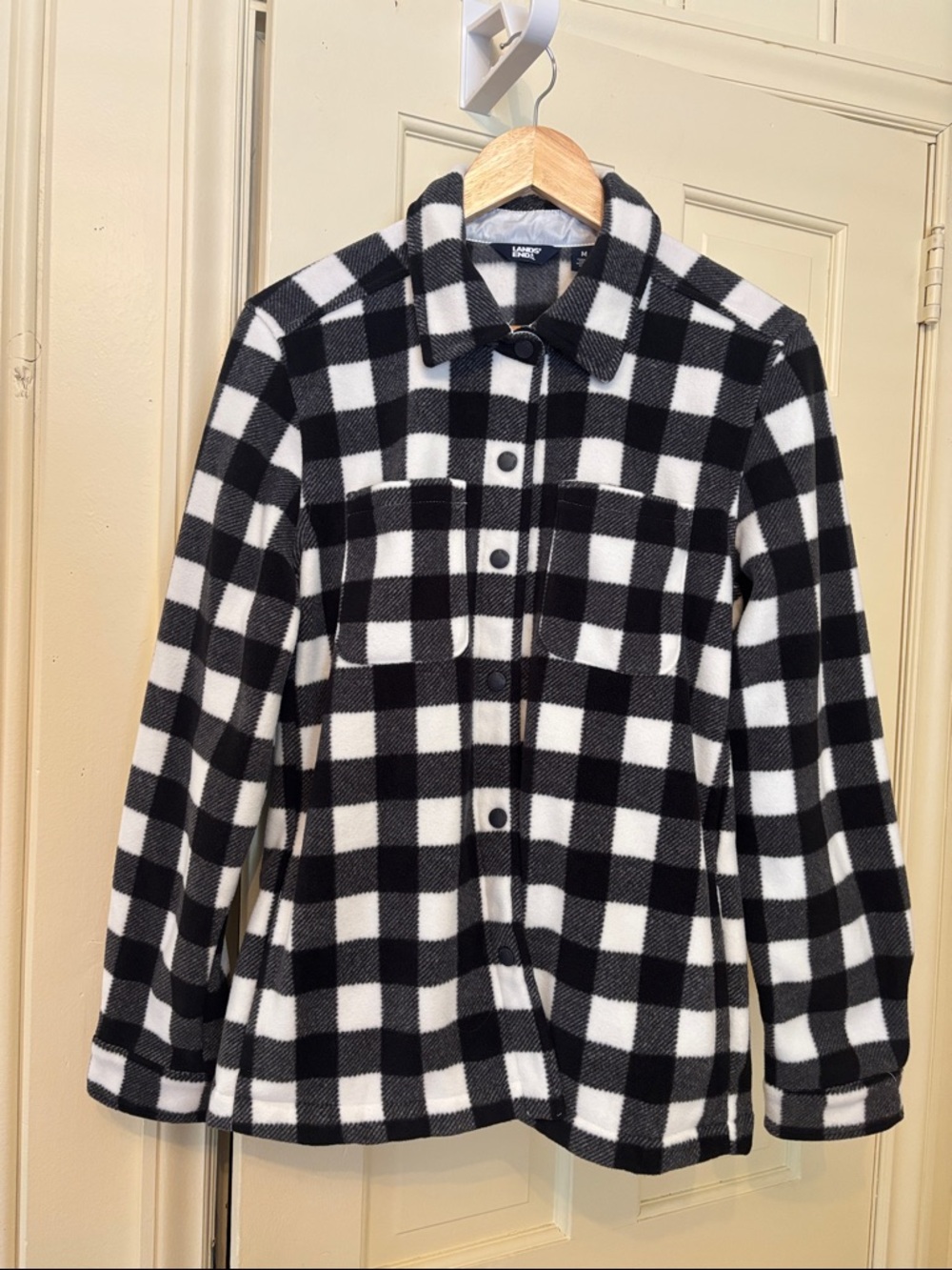 Lands' End Women's Black & White Buffalo Plaid Fleece Jacket